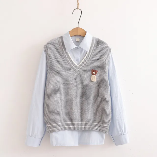Navy Style Embroidered Bear Women's Long Sleeve Cardigan Shirt Sweater Suit Gray - Shop at LoveMi