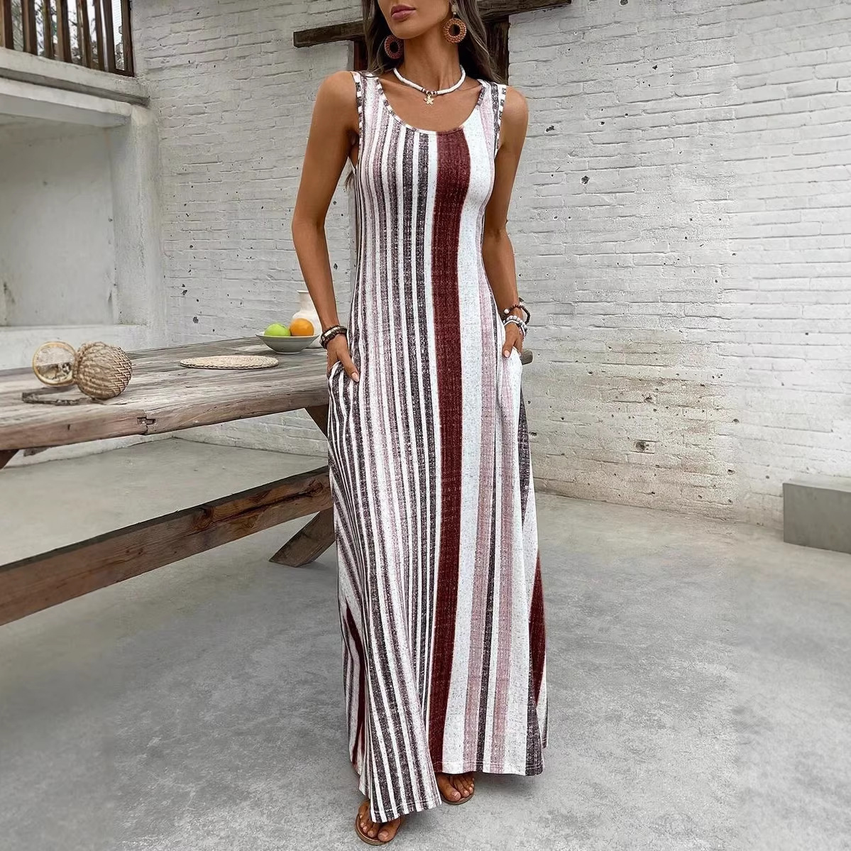 Womens European And American-style Striped Sleeveless Long Dress