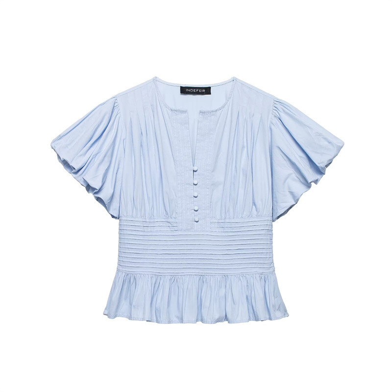 Women's ruffle-trim puff-sleeve blouse in blue – slim-fit sleeveless elegant pullover top