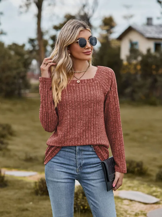 Women's Square Collar Sunken Stripe Brushed Solid Color T shirt Brick Red - Shop at LoveMi