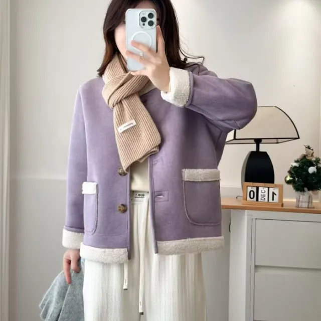 Lamb Wool Chanel Coat Women's Fleece Short Suede Purple - Shop at LoveMi