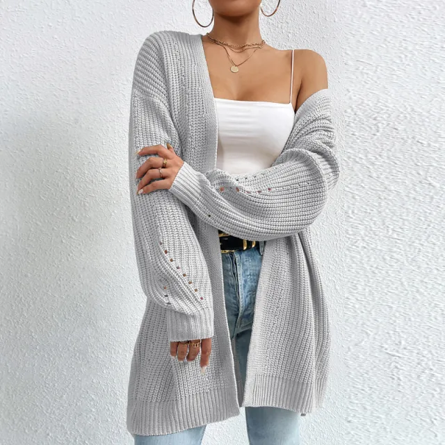 Solid Color SweaterLoose Medium Length Sweater Jacket Knitted Cardigan Gray Sweater Coat - Shop at LoveMi