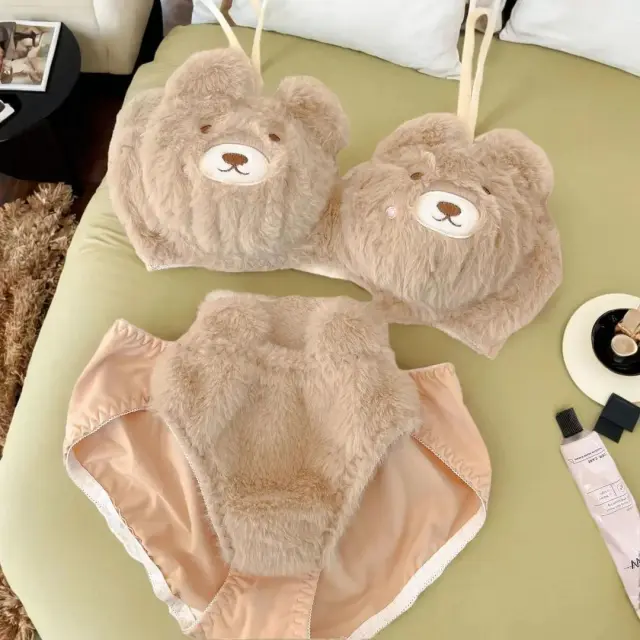 Lady Cartoon Plush Bear Bra Set Small Coffee Bear Suit - Shop at LoveMi