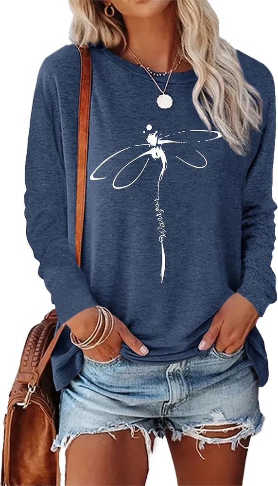 Dragonfly Pattern Round Neck Long Sleeve Women's T-shirt Tops - Blue