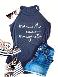 Women's Printed Sleeveless Vest T-shirt - Blue - View 1
