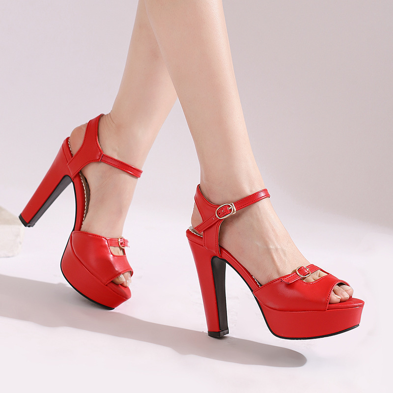 Genuine Leather Peep Toe Buckle High Heels