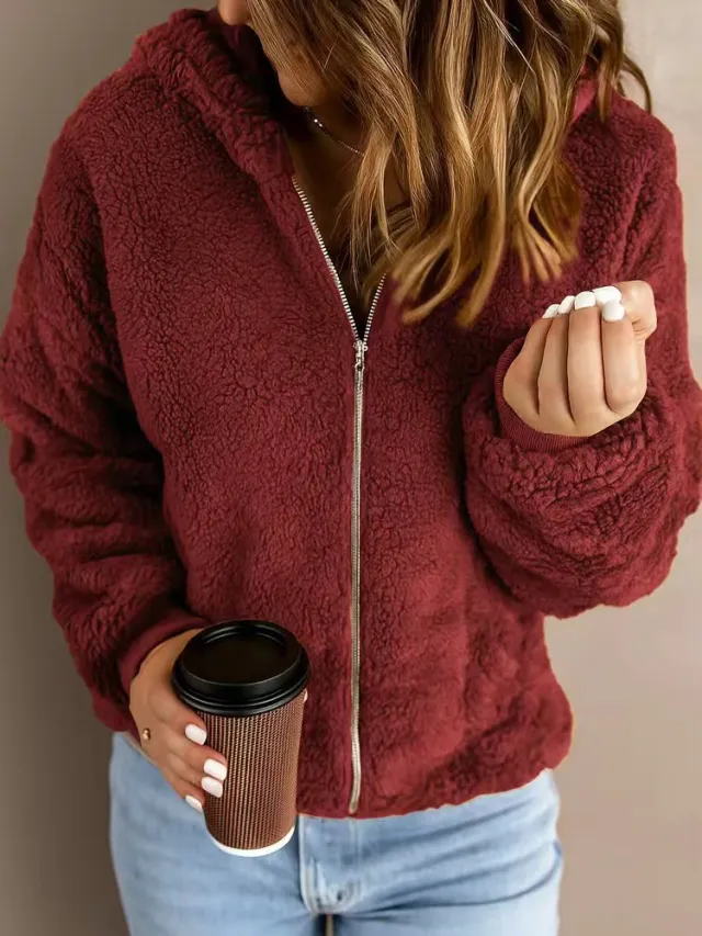 Women's Casual Hooded Long Sleeve Pullover Plush Coat Wine Red - Shop at LoveMi