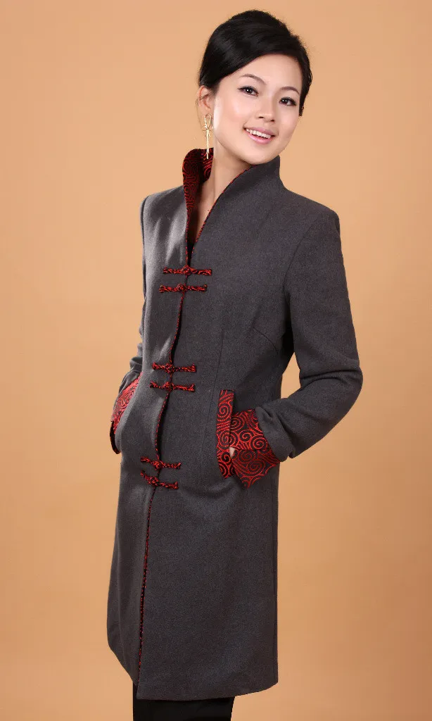 Autumn Ethnic Style Women's Retro Wool Mid length Trench Coat Gray - Shop at LoveMi