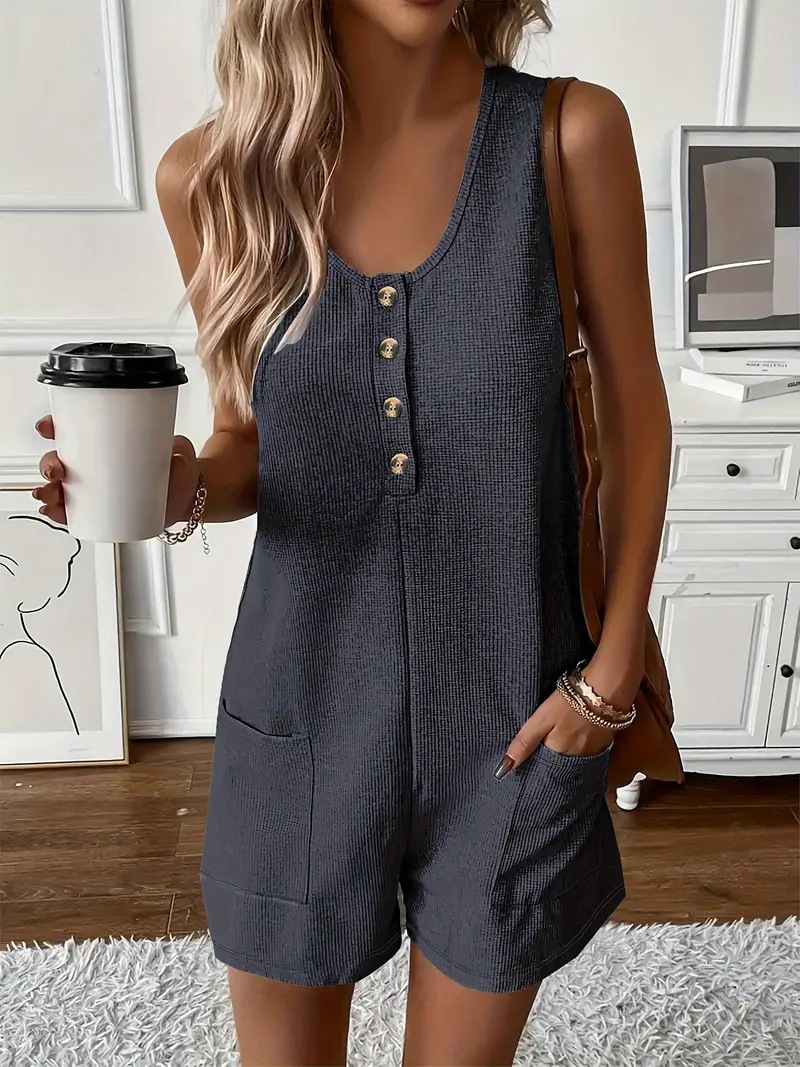 Women's waffle knit jumpsuit in dark blue – sleeveless vest cropped pants