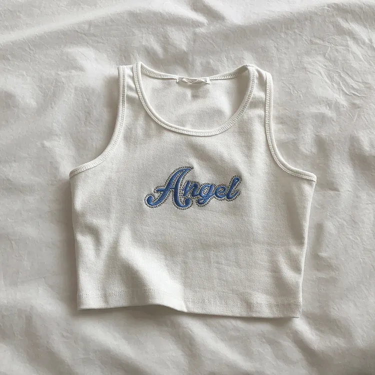 Embroidered Letter High Waist Short Midriff-baring Tank Top - White