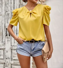 Solid Color Puff Sleeve V-neck Slim-fitting New Women's Shirt - Yellow - View 1