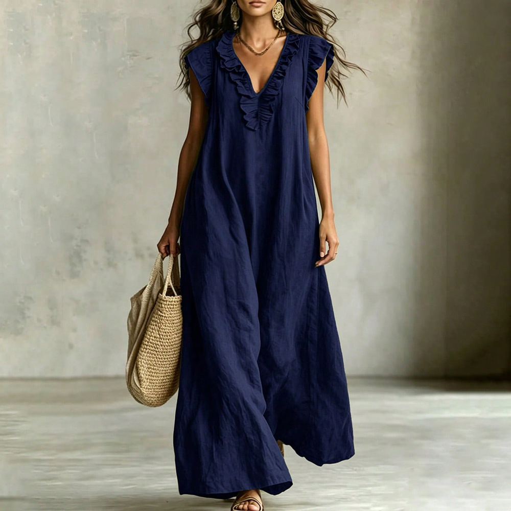 Robe ample femme col V à volants