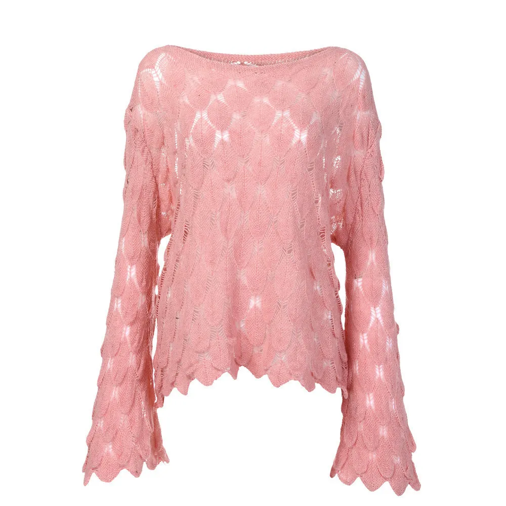 Round Neck Thin Bell Sleeve Pullover - Pink