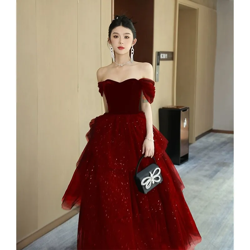 Black Evening Dress Light Luxury Minority French Style Pettiskirt - Wine Red