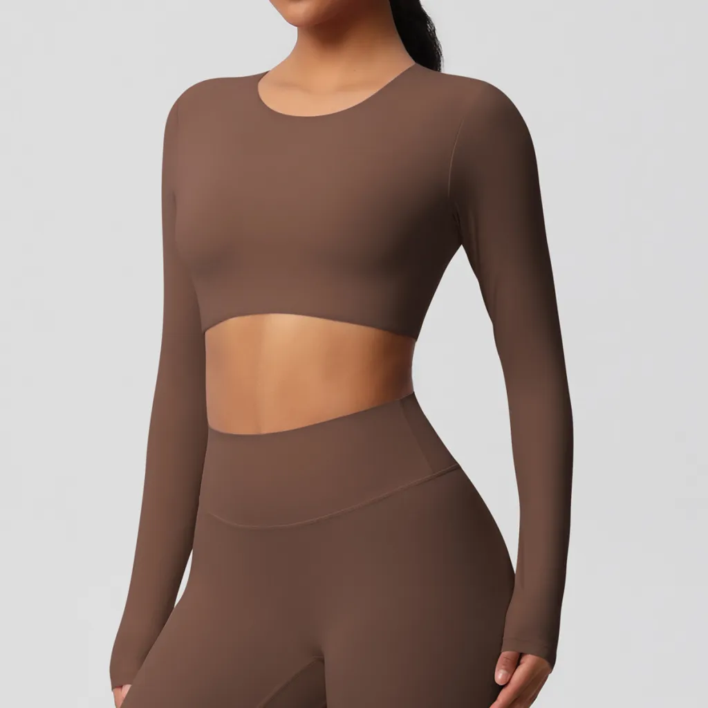 Yoga Clothes Pilates Running Sport Long Sleeve Top - Chestnut-S