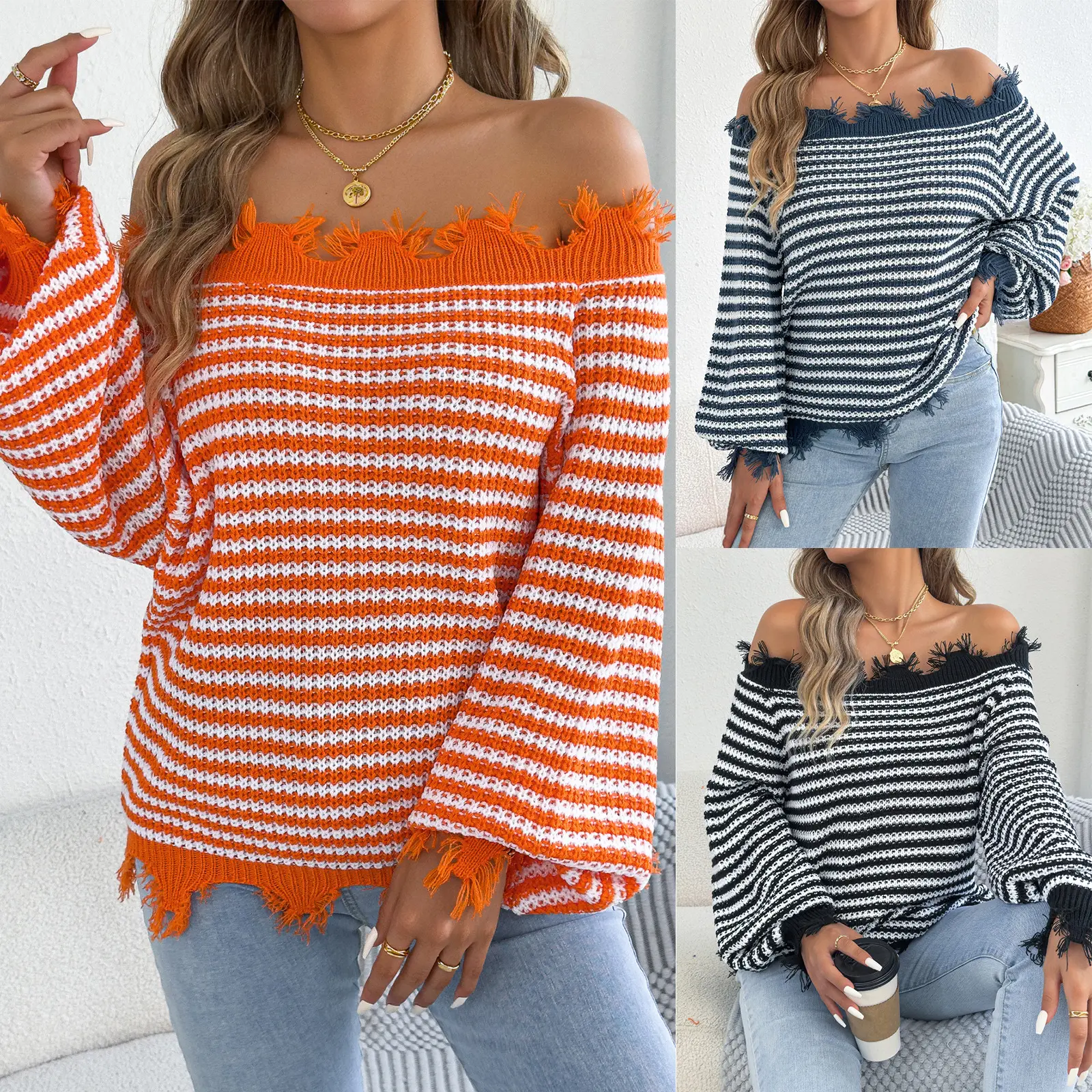 Autumn Winter Striped Distressed Off-shoulder Turtleneck Sweater