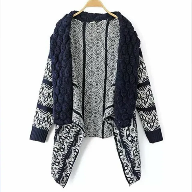Women's Loose Fashion Geometric Pattern Sweater Shawl Navy Blue - Shop at LoveMi