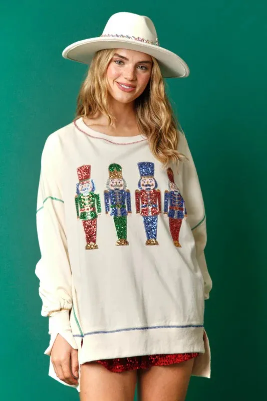 Women's Christmas Sequined Padded Top Long sleeved Sweater White - Shop at LoveMi