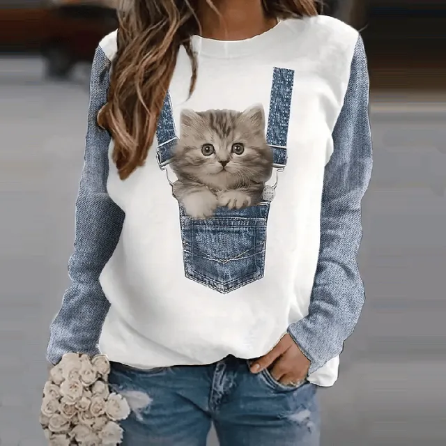 Loose Cat 3D Digital Printing Long Sleeve Crew Neck Sweater Women White - Shop at LoveMi