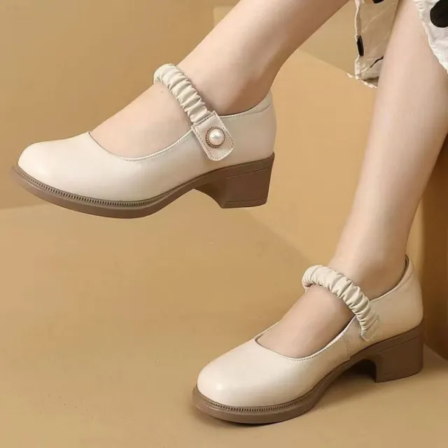 Mary Jane Leather Shoes Women's Pearl Japanese Style Beige - Shop at LoveMi