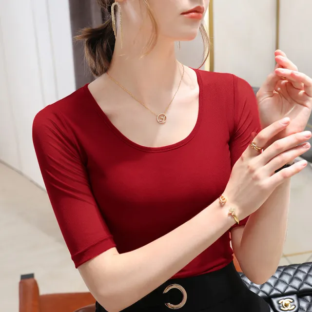 Women's Elegant Scoop Mesh T shirt Solid Color Waist Stretch Top Red - Shop at LoveMi
