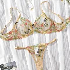 Embroidered Floral Sling Underwear Set - Red - View 1