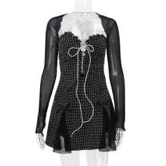 Winter New Mesh Long Sleeve Blouse Plaid Lace Vest Skirt Suit Women - Black - View 1