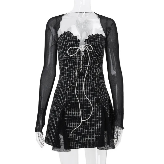 Winter New Mesh Long Sleeve Blouse Plaid Lace Vest Skirt Suit Women Black - Shop at LoveMi