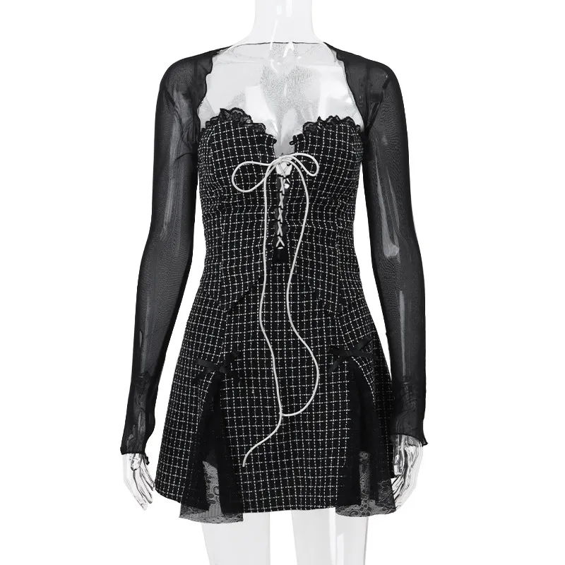 Winter New Mesh Long Sleeve Blouse Plaid Lace Vest Skirt Suit Women - Black