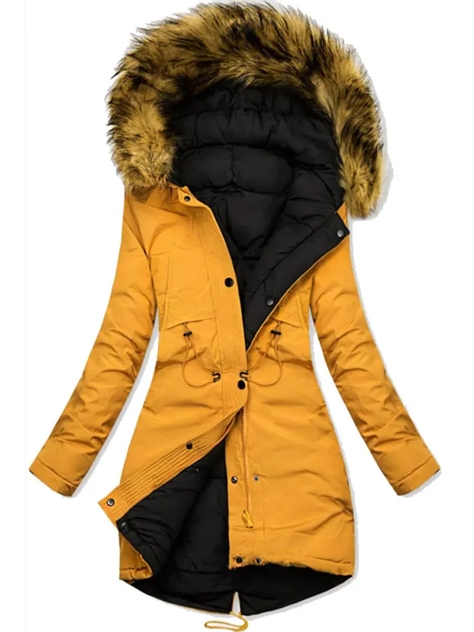 Women's Hooded Fur Collar Cotton-padded Coat Warm Winter Thick Coat - Yellow