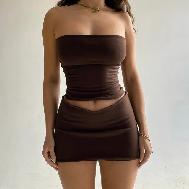 Midriff baring Top Slim fit Sheath Short Skirt Two piece Set Brown - Shop at LoveMi