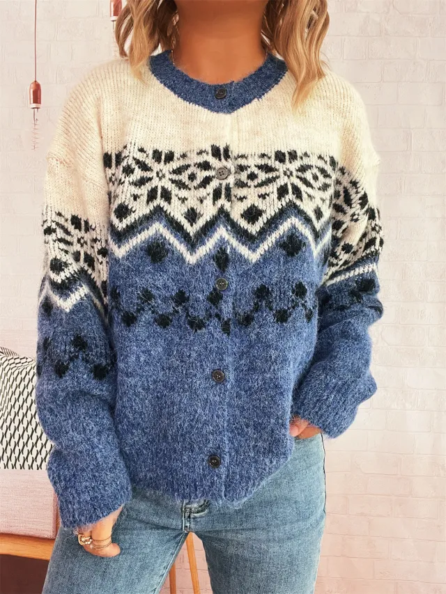 Vintage Snowflake Jacquard Contrast Color Round Neck Single breasted Christmas Sweater Blue - Shop at LoveMi