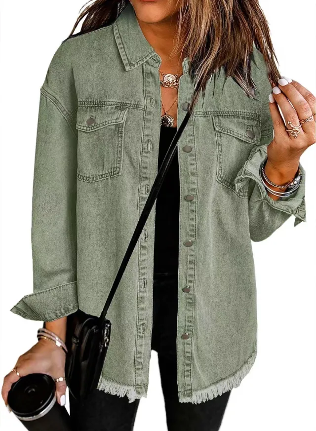 Washed Denim Shirt Jacket Women's European And American Olive Green - Shop at LoveMi