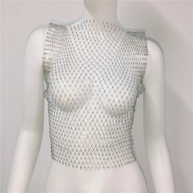Short Round Neck Fishnet Rhinestone Sleeveless Bottoming Shirt Blouse For Women Silver Round Neck - Shop at LoveMi