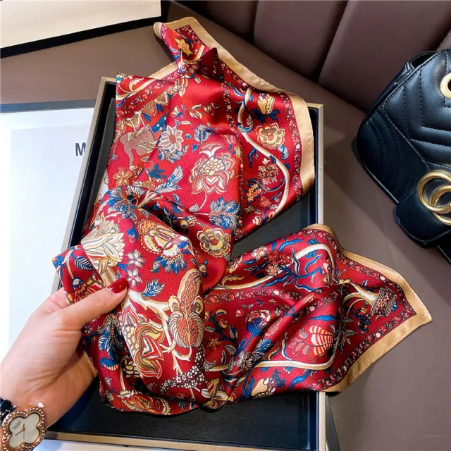 Women's 100 Mulberry Silk Crepe Satin Vintage Scarf National Style Flowers - Shop at LoveMi