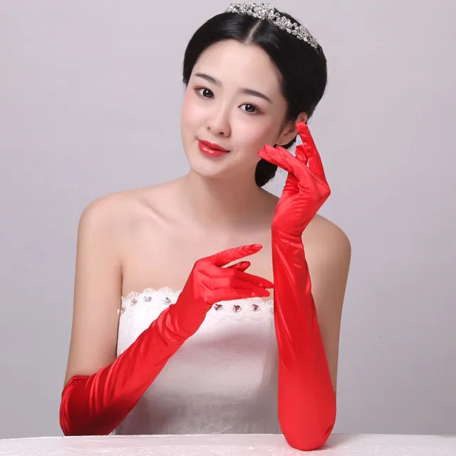 Double row Beaded Satin Sun Protection Scar Cover Up Oversleeve Bridal Wedding Gloves Red - Shop at LoveMi