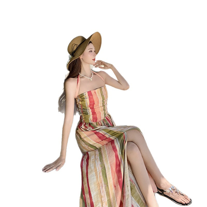 Waist Slimming Elegant Long Pure Style Tube Top Vacation Style Dress Rainbow Bar - Shop at LoveMi
