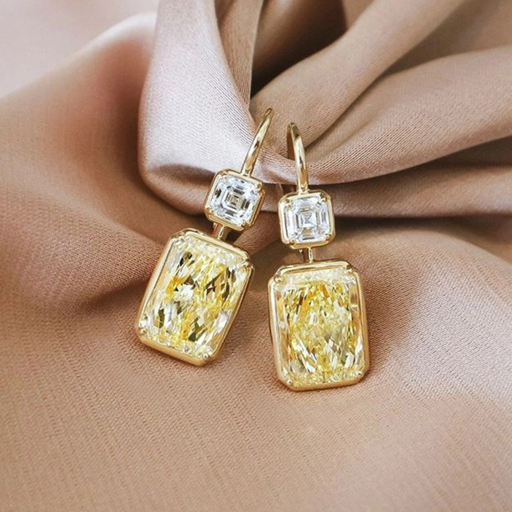 Yellow Diamond Square Zircon Female Earrings