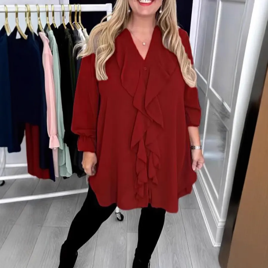 Women's Solid Color Loose Lotus Leaf V-neck Long Sleeve Shirt - Red
