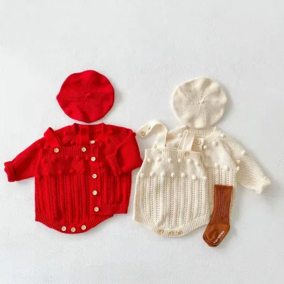 Children's Handmade Ball Cotton Yarn Knitted Cardigan Rompers Jumpsuit Two-piece Set