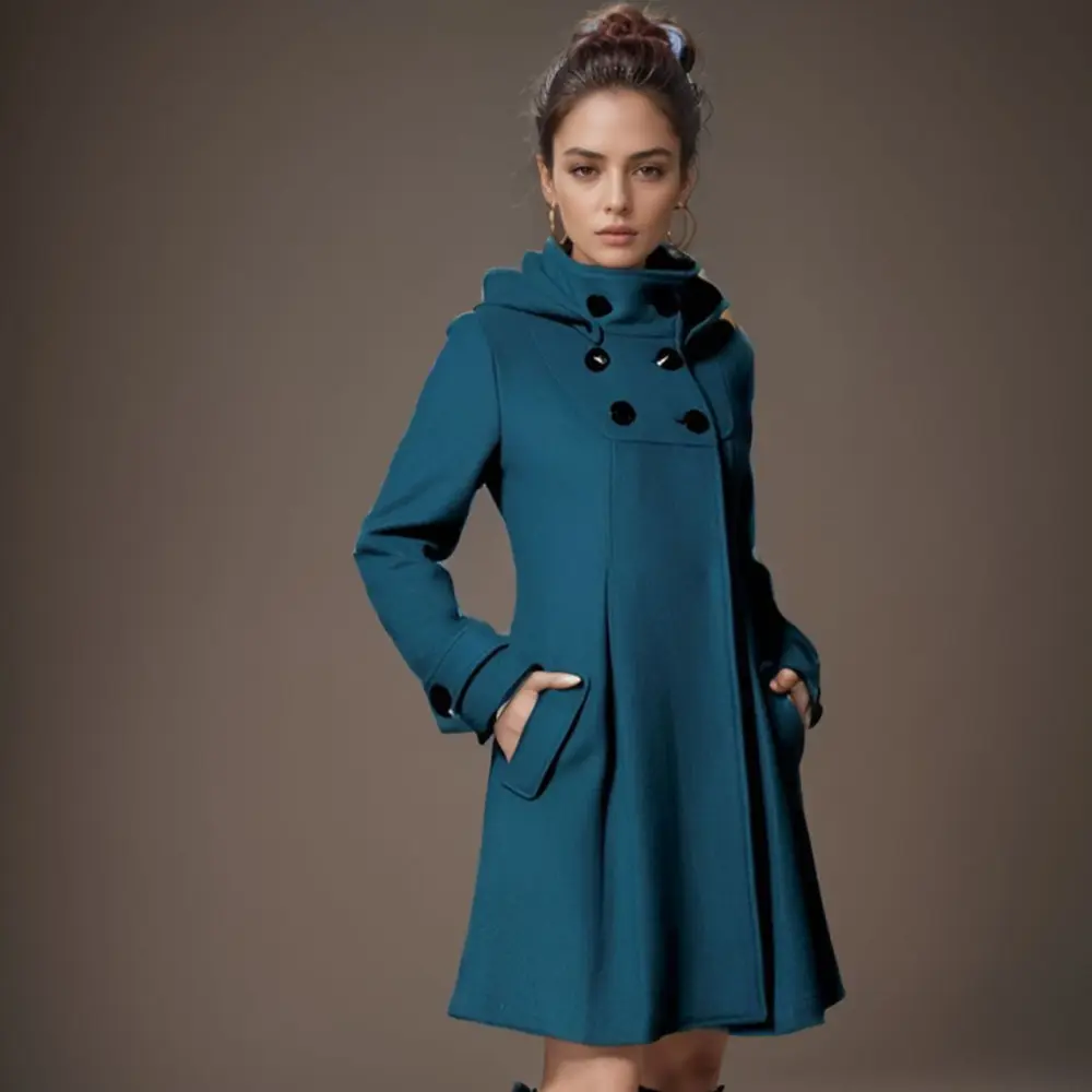 Women's Wool Blend Hooded Mid-Length Double Breasted Cape Trench