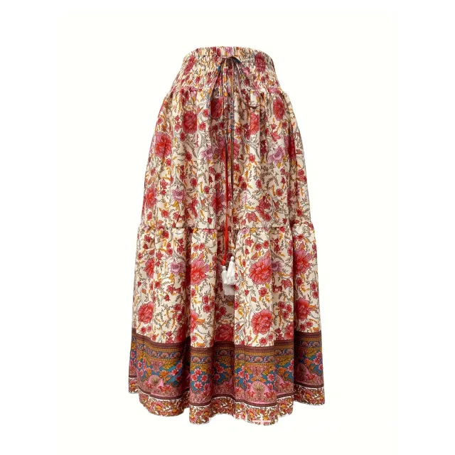 Women's Fashion Waist controlled Simple Floral Print Tassel Skirt Apricot - Shop at LoveMi