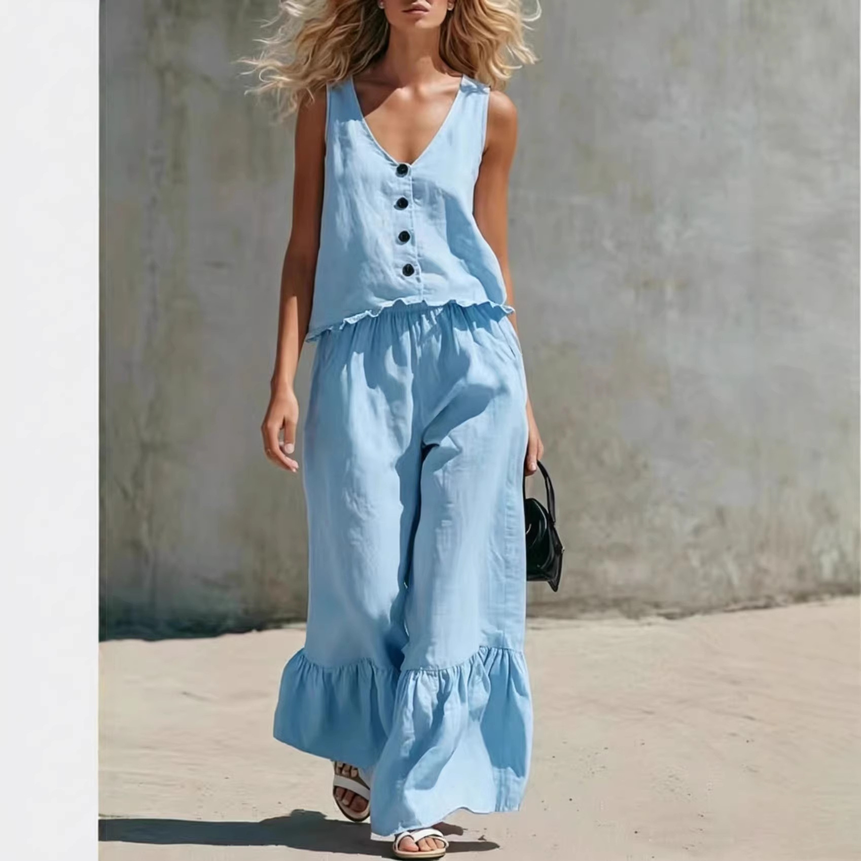 Womens Fashion Casual Solid Color V-Neck Vest And Pants Two-Piece Set - Image 1