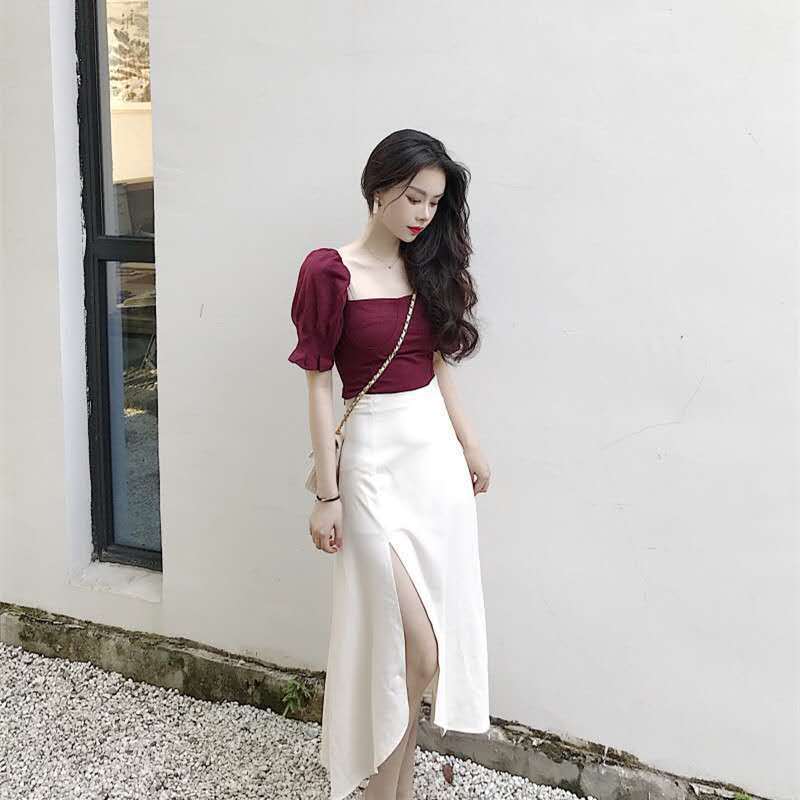 Court Style Square Collar Top High Waist Side Slit Skirt For Women