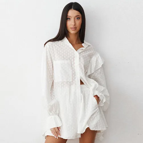 Women's Convex Jacquard Cotton Bell Sleeve Hot Pants Suit White - Shop at LoveMi