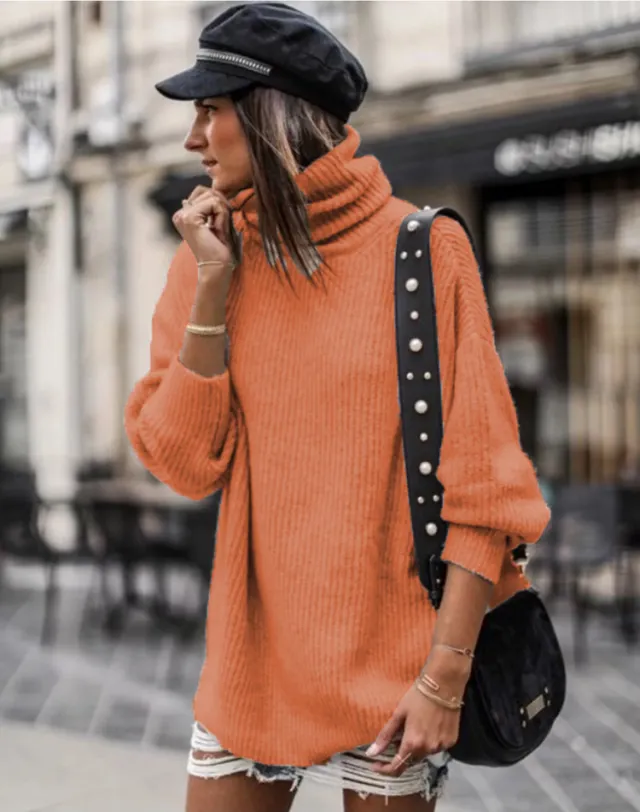 High Collar Loose Pullover Mid length Women's Clothing Woolen Skirt Orange Red - Shop at LoveMi