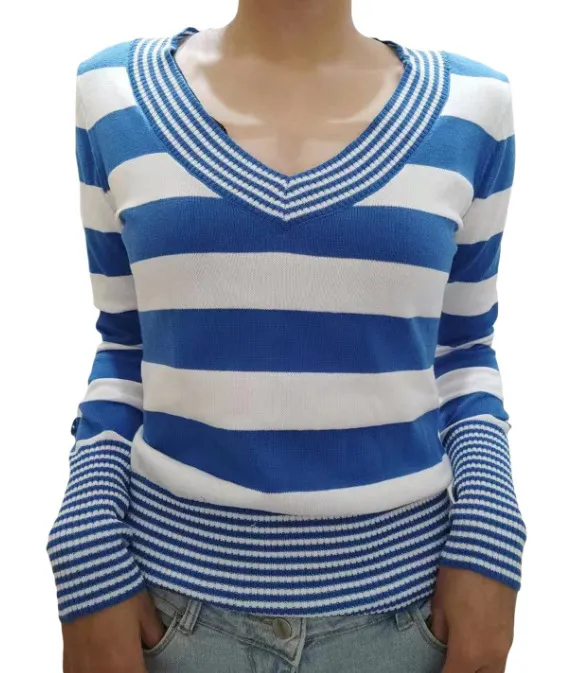 Women's Striped Peach Collar Tight Flared Sleeve Sweater Blue And White - Shop at LoveMi