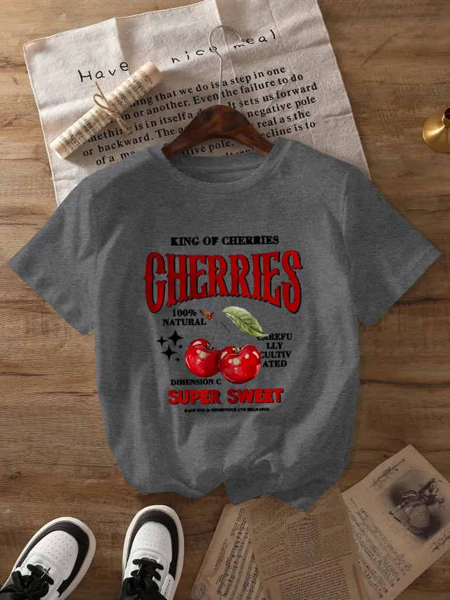 Top Round Neck Cartoon Printed Short Sleeve Dark Gray - Shop at LoveMi
