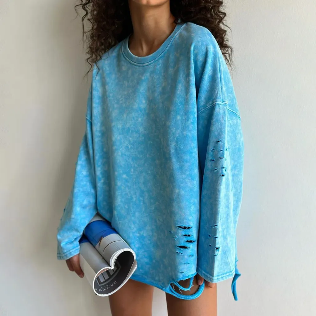 Women's Ripped Crew Neck Sweater Coat - T4250 Blue