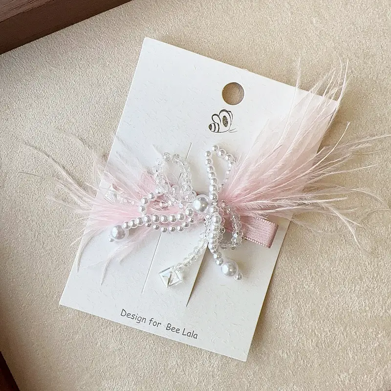 Birthday Hat Feather Pearl Tassel Snap Button Children Side Clip Hair Accessories